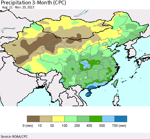 China, Mongolia and Taiwan Precipitation 3-Month (CPC) Thematic Map For 8/21/2023 - 11/20/2023