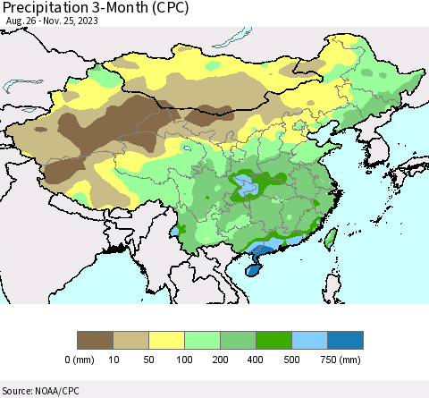China, Mongolia and Taiwan Precipitation 3-Month (CPC) Thematic Map For 8/26/2023 - 11/25/2023