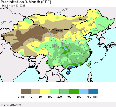 China, Mongolia and Taiwan Precipitation 3-Month (CPC) Thematic Map For 9/1/2023 - 11/30/2023