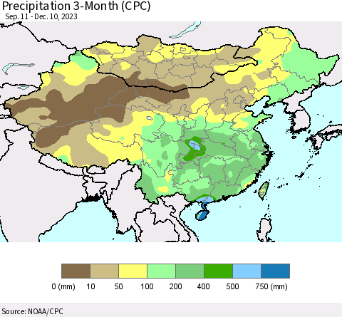 China, Mongolia and Taiwan Precipitation 3-Month (CPC) Thematic Map For 9/11/2023 - 12/10/2023