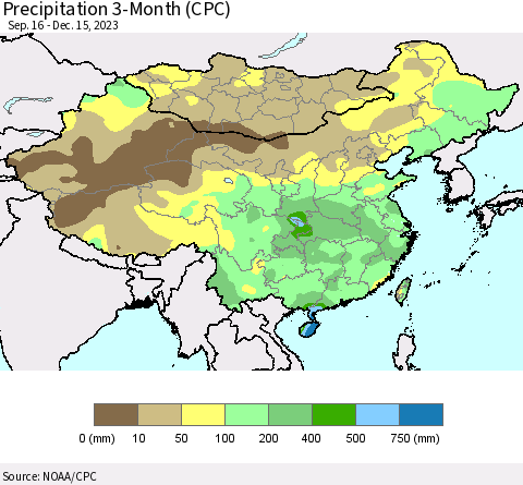 China, Mongolia and Taiwan Precipitation 3-Month (CPC) Thematic Map For 9/16/2023 - 12/15/2023