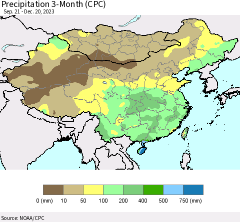 China, Mongolia and Taiwan Precipitation 3-Month (CPC) Thematic Map For 9/21/2023 - 12/20/2023