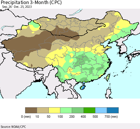 China, Mongolia and Taiwan Precipitation 3-Month (CPC) Thematic Map For 9/26/2023 - 12/25/2023