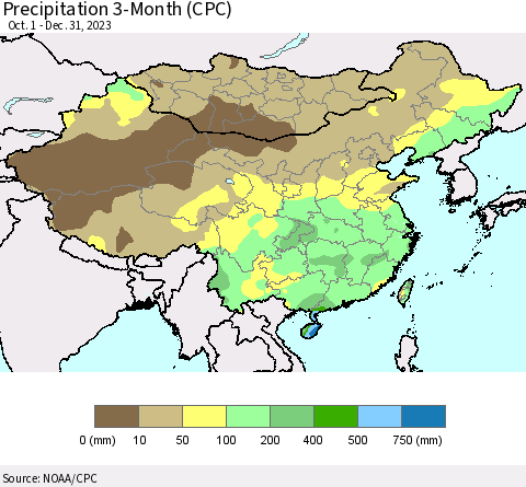 China, Mongolia and Taiwan Precipitation 3-Month (CPC) Thematic Map For 10/1/2023 - 12/31/2023