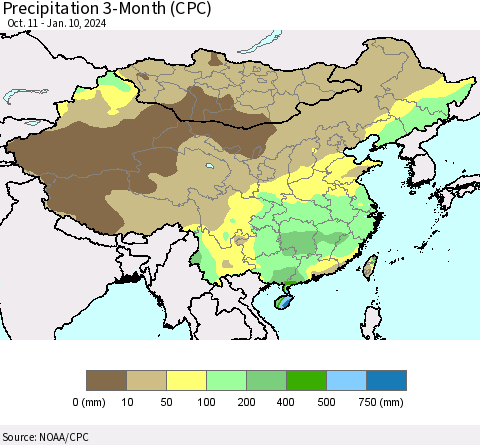 China, Mongolia and Taiwan Precipitation 3-Month (CPC) Thematic Map For 10/11/2023 - 1/10/2024