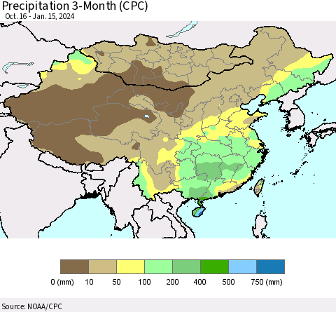 China, Mongolia and Taiwan Precipitation 3-Month (CPC) Thematic Map For 10/16/2023 - 1/15/2024