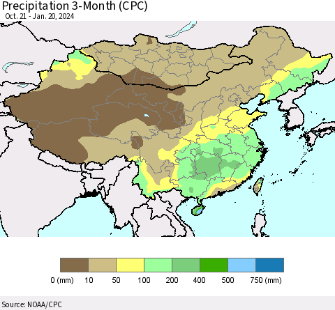 China, Mongolia and Taiwan Precipitation 3-Month (CPC) Thematic Map For 10/21/2023 - 1/20/2024