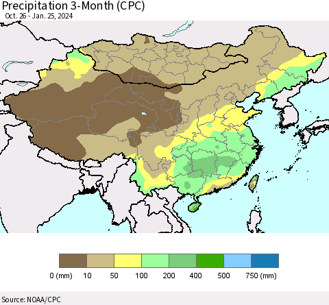 China, Mongolia and Taiwan Precipitation 3-Month (CPC) Thematic Map For 10/26/2023 - 1/25/2024