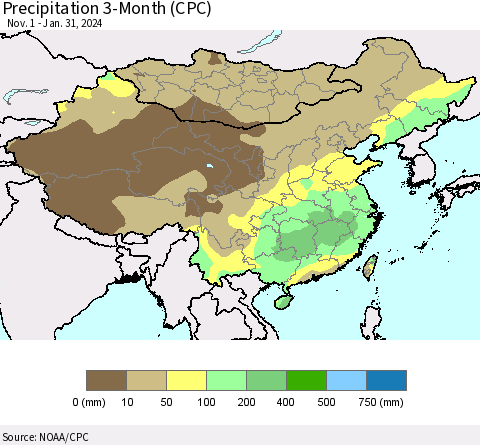 China, Mongolia and Taiwan Precipitation 3-Month (CPC) Thematic Map For 11/1/2023 - 1/31/2024