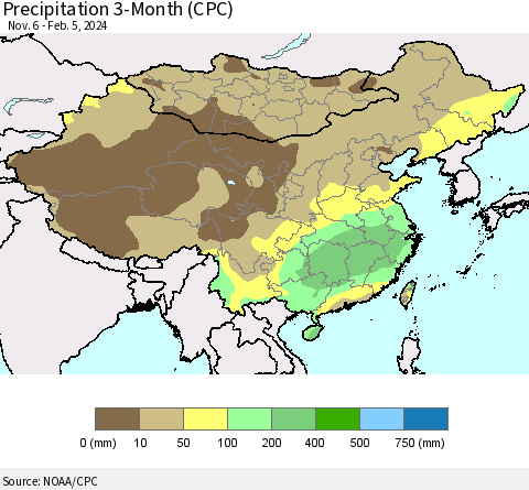 China, Mongolia and Taiwan Precipitation 3-Month (CPC) Thematic Map For 11/6/2023 - 2/5/2024