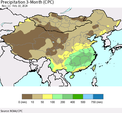 China, Mongolia and Taiwan Precipitation 3-Month (CPC) Thematic Map For 11/11/2023 - 2/10/2024