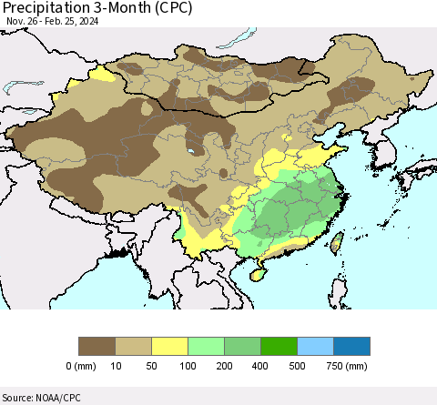 China, Mongolia and Taiwan Precipitation 3-Month (CPC) Thematic Map For 11/26/2023 - 2/25/2024
