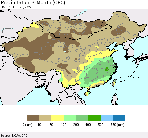 China, Mongolia and Taiwan Precipitation 3-Month (CPC) Thematic Map For 12/1/2023 - 2/29/2024