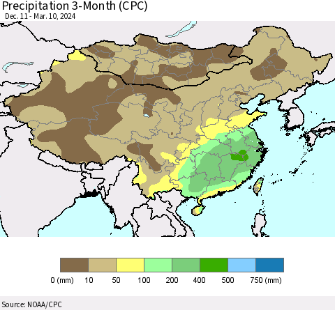 China, Mongolia and Taiwan Precipitation 3-Month (CPC) Thematic Map For 12/11/2023 - 3/10/2024