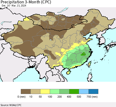 China, Mongolia and Taiwan Precipitation 3-Month (CPC) Thematic Map For 12/16/2023 - 3/15/2024