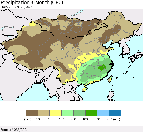 China, Mongolia and Taiwan Precipitation 3-Month (CPC) Thematic Map For 12/21/2023 - 3/20/2024