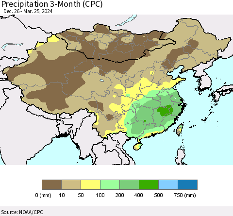 China, Mongolia and Taiwan Precipitation 3-Month (CPC) Thematic Map For 12/26/2023 - 3/25/2024