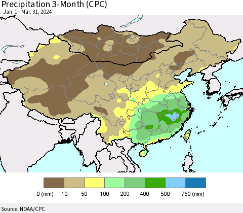 China, Mongolia and Taiwan Precipitation 3-Month (CPC) Thematic Map For 1/1/2024 - 3/31/2024