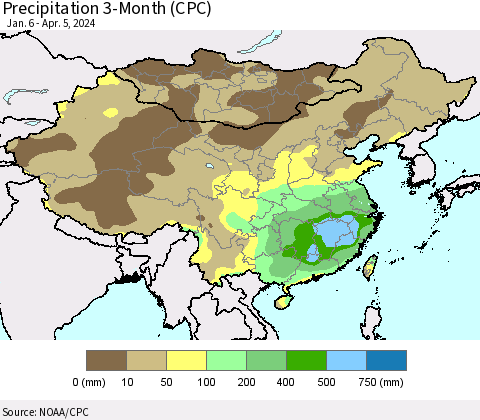 China, Mongolia and Taiwan Precipitation 3-Month (CPC) Thematic Map For 1/6/2024 - 4/5/2024