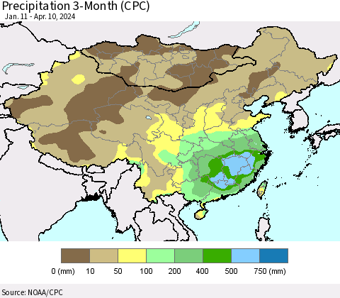 China, Mongolia and Taiwan Precipitation 3-Month (CPC) Thematic Map For 1/11/2024 - 4/10/2024