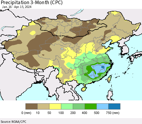 China, Mongolia and Taiwan Precipitation 3-Month (CPC) Thematic Map For 1/16/2024 - 4/15/2024