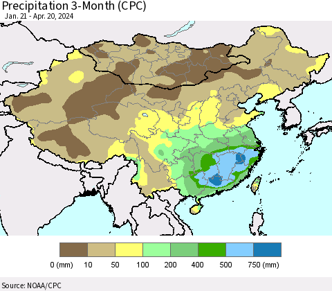 China, Mongolia and Taiwan Precipitation 3-Month (CPC) Thematic Map For 1/21/2024 - 4/20/2024