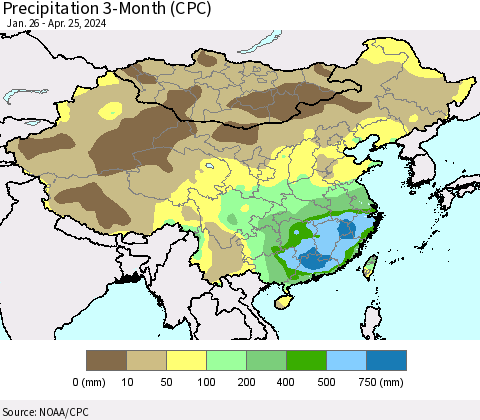 China, Mongolia and Taiwan Precipitation 3-Month (CPC) Thematic Map For 1/26/2024 - 4/25/2024