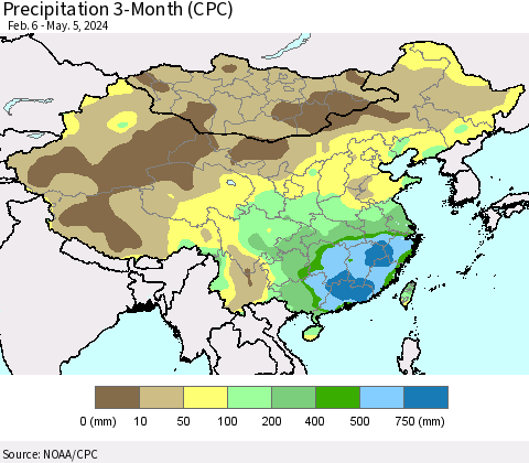 China, Mongolia and Taiwan Precipitation 3-Month (CPC) Thematic Map For 2/6/2024 - 5/5/2024