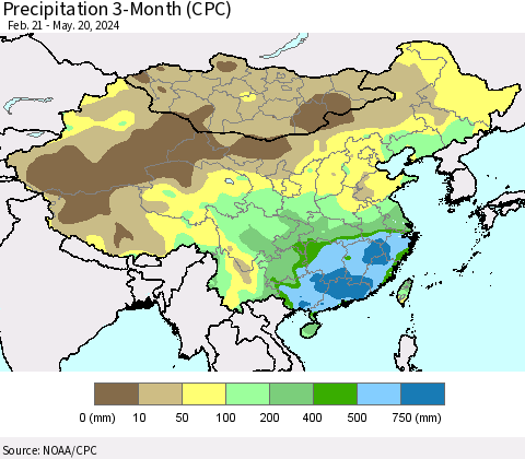 China, Mongolia and Taiwan Precipitation 3-Month (CPC) Thematic Map For 2/21/2024 - 5/20/2024
