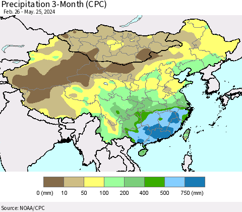 China, Mongolia and Taiwan Precipitation 3-Month (CPC) Thematic Map For 2/26/2024 - 5/25/2024