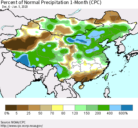 China, Mongolia and Taiwan Percent of Normal Precipitation 1-Month (CPC) Thematic Map For 12/6/2019 - 1/5/2020