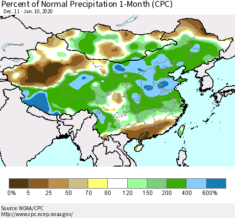China, Mongolia and Taiwan Percent of Normal Precipitation 1-Month (CPC) Thematic Map For 12/11/2019 - 1/10/2020