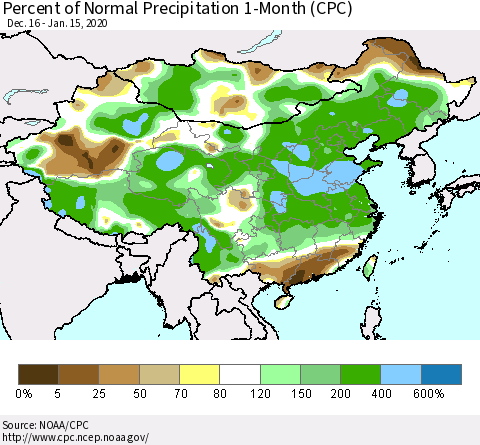 China, Mongolia and Taiwan Percent of Normal Precipitation 1-Month (CPC) Thematic Map For 12/16/2019 - 1/15/2020