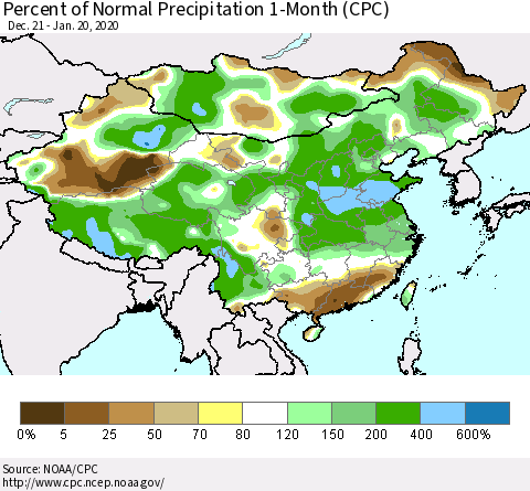 China, Mongolia and Taiwan Percent of Normal Precipitation 1-Month (CPC) Thematic Map For 12/21/2019 - 1/20/2020