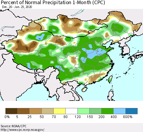 China, Mongolia and Taiwan Percent of Normal Precipitation 1-Month (CPC) Thematic Map For 12/26/2019 - 1/25/2020