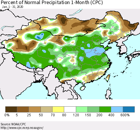 China, Mongolia and Taiwan Percent of Normal Precipitation 1-Month (CPC) Thematic Map For 1/1/2020 - 1/31/2020