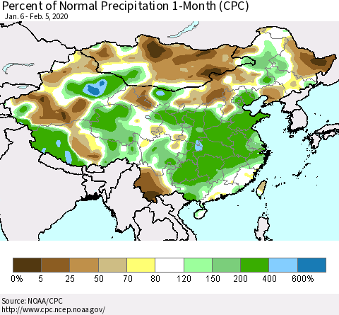 China, Mongolia and Taiwan Percent of Normal Precipitation 1-Month (CPC) Thematic Map For 1/6/2020 - 2/5/2020