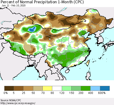 China, Mongolia and Taiwan Percent of Normal Precipitation 1-Month (CPC) Thematic Map For 1/11/2020 - 2/10/2020
