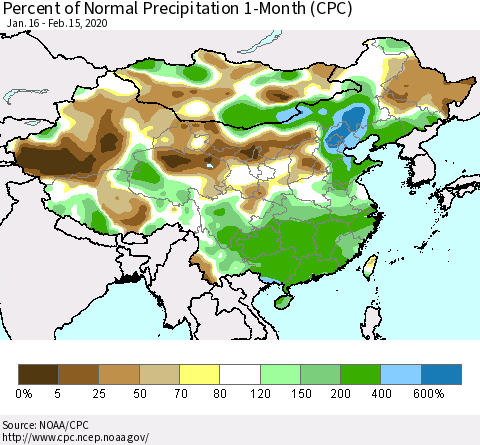 China, Mongolia and Taiwan Percent of Normal Precipitation 1-Month (CPC) Thematic Map For 1/16/2020 - 2/15/2020