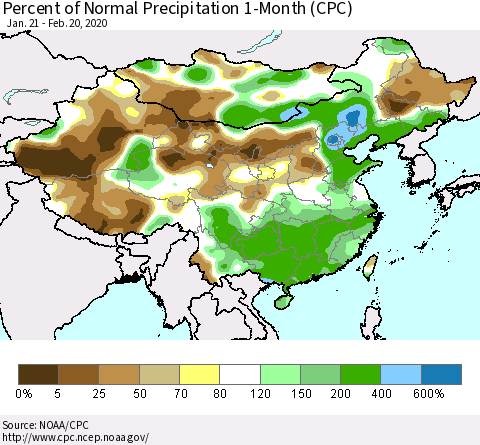 China, Mongolia and Taiwan Percent of Normal Precipitation 1-Month (CPC) Thematic Map For 1/21/2020 - 2/20/2020