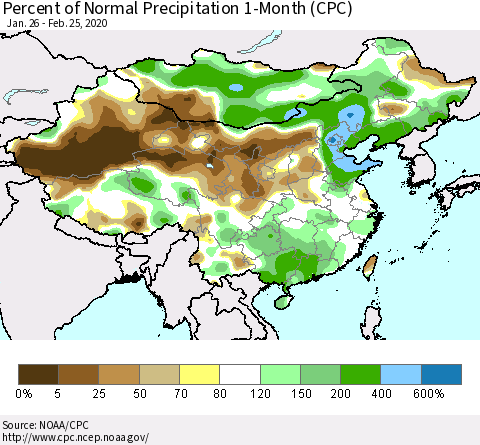China, Mongolia and Taiwan Percent of Normal Precipitation 1-Month (CPC) Thematic Map For 1/26/2020 - 2/25/2020
