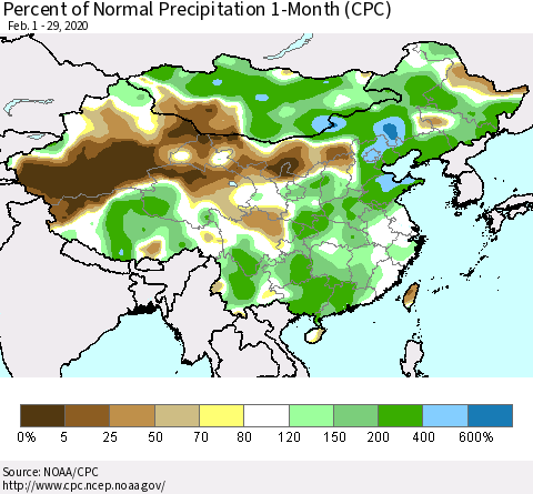 China, Mongolia and Taiwan Percent of Normal Precipitation 1-Month (CPC) Thematic Map For 2/1/2020 - 2/29/2020