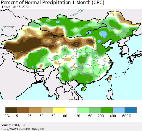China, Mongolia and Taiwan Percent of Normal Precipitation 1-Month (CPC) Thematic Map For 2/6/2020 - 3/5/2020