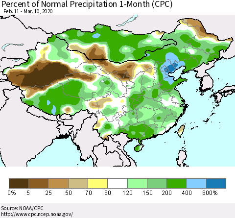 China, Mongolia and Taiwan Percent of Normal Precipitation 1-Month (CPC) Thematic Map For 2/11/2020 - 3/10/2020