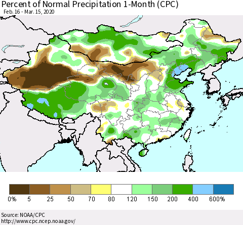 China, Mongolia and Taiwan Percent of Normal Precipitation 1-Month (CPC) Thematic Map For 2/16/2020 - 3/15/2020