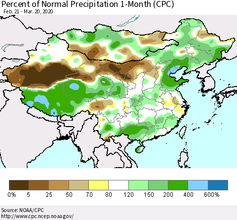 China, Mongolia and Taiwan Percent of Normal Precipitation 1-Month (CPC) Thematic Map For 2/21/2020 - 3/20/2020