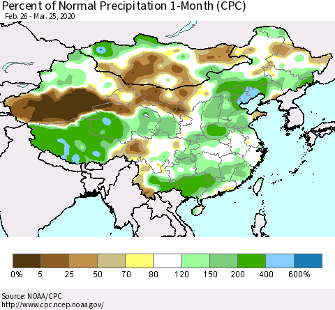 China, Mongolia and Taiwan Percent of Normal Precipitation 1-Month (CPC) Thematic Map For 2/26/2020 - 3/25/2020