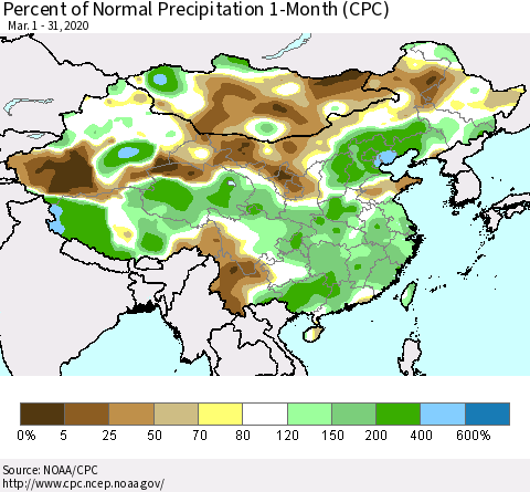China, Mongolia and Taiwan Percent of Normal Precipitation 1-Month (CPC) Thematic Map For 3/1/2020 - 3/31/2020