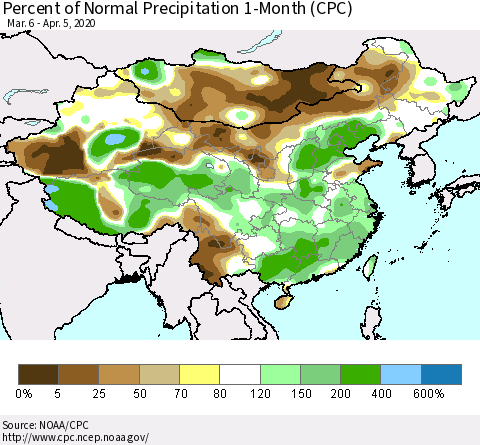 China, Mongolia and Taiwan Percent of Normal Precipitation 1-Month (CPC) Thematic Map For 3/6/2020 - 4/5/2020