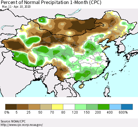 China, Mongolia and Taiwan Percent of Normal Precipitation 1-Month (CPC) Thematic Map For 3/11/2020 - 4/10/2020